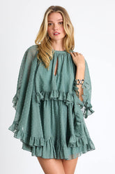 Rhozie Sage Blue Swiss Dot Cape Sleeve Tiered Mini Dress