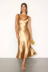 Perfectly Classy Gold Satin Strappy Midi Dress