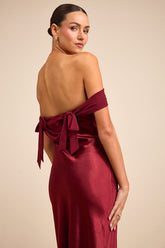 Alaida Wine Red Satin Off-the-Shoulder Maxi Dress