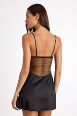 Damilia Black Sheer Lace Satin Lingerie Slip