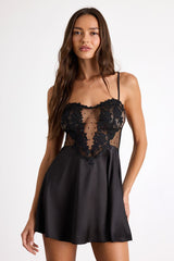 Damilia Black Sheer Lace Satin Lingerie Slip