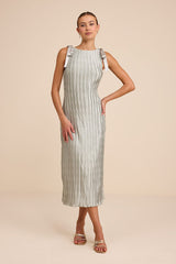 Nuala Sage Green Pleated Sleeveless Bow Midi Dress