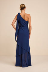 Camellia Dark Blue One-Shoulder Bow Maxi Dress