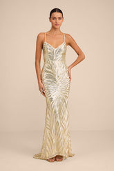 Sparkle 'til Dawn Gold Sequin Lace-Up Mermaid Maxi Dress