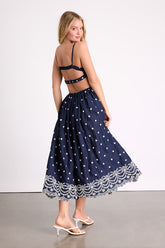 Kosi Navy Embroidered Backless Midi Dress
