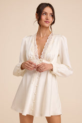 Goldia Ivory Satin Long Sleeve Babydoll Mini Dress