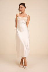 Lange Ivory Satin Applique Slip Midi Dress