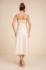 Lange Ivory Satin Applique Slip Midi Dress