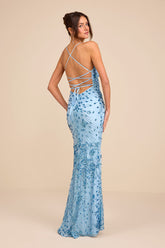 Photo Finish Light Blue Sequin Lace-Up Maxi Dress