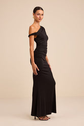 Oriella Black Asymmetrical Ruched Mermaid Maxi Dress