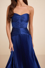 Elkay Navy Blue Pleated Satin Drop Waist Maxi Dress
