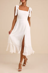 Summer Invite White Tie-Strap Tiered Midi Dress