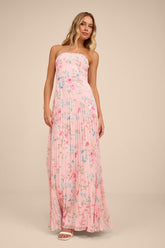 Celebratory Aesthetic Pink Floral Pleated Strapless Maxi Dress