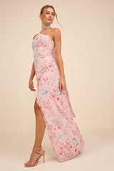 Adeline Light Pink Floral One-Shoulder Scarf Maxi Dress
