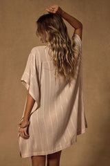 Pacific Tides Beige Striped Button-Up Swim Cover-Up Top