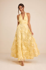 Kennia Light Yellow 3D Floral Embroidered Halter Maxi Dress