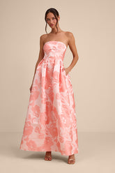 Laurelin Blush Floral Jacquard Pleated Strapless Maxi Dress