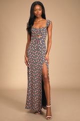 The Way to Love Navy Blue Floral Print Ruffled Maxi Dress