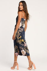 Remarkable Entrance Navy Blue Floral Print Satin Midi Dress