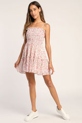 Petal Perfection Pink Floral Print Smocked Tiered Mini Dress