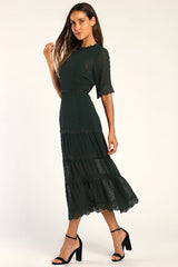 Dreaming of You Emerald Green Swiss Dot Midi Dress