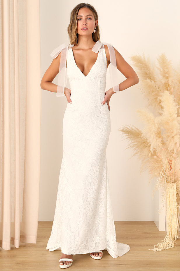 Eternally Yours White Lace Tie-Strap Mermaid Maxi Dress