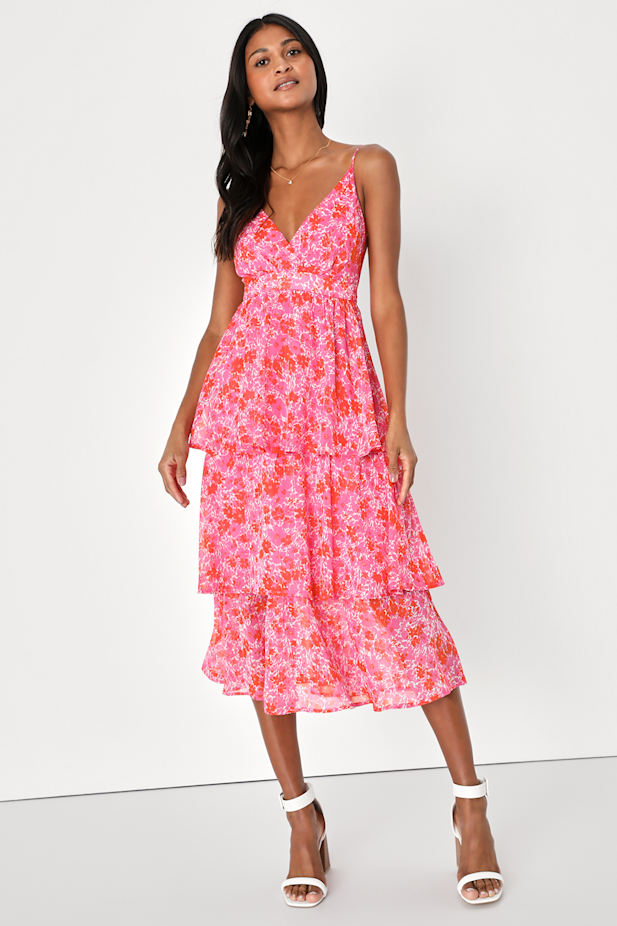 Adorable Obsession Pink Floral Print Lurex Tiered Midi Dress