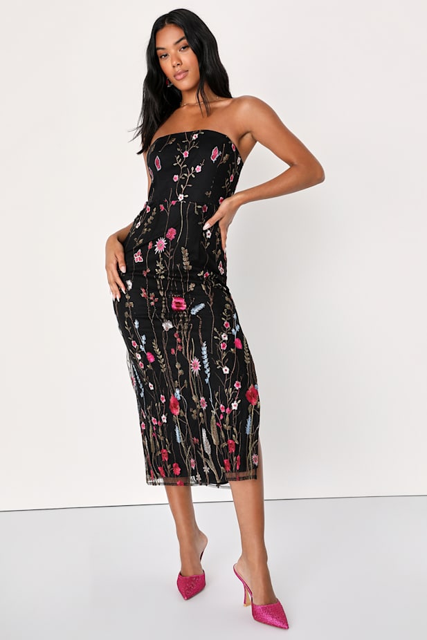 Bold Botanicals Black Floral Embroidered Strapless Midi Dress