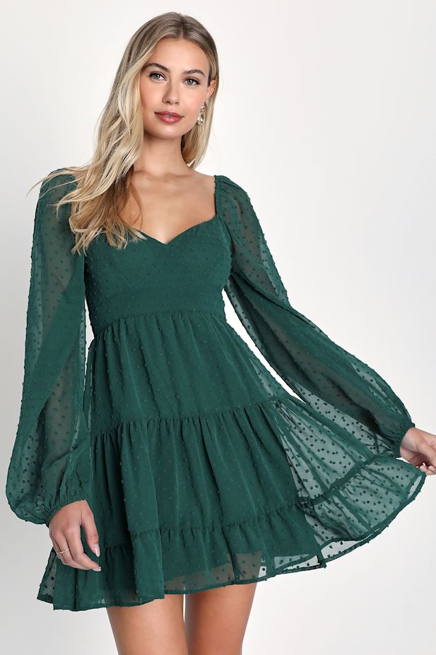 Longing And Love Emerald Swiss Dot Puff Long Sleeve Mini Dress