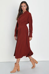 Timeless Class Dark Red Collared Button-Up Pleated Midi Dress