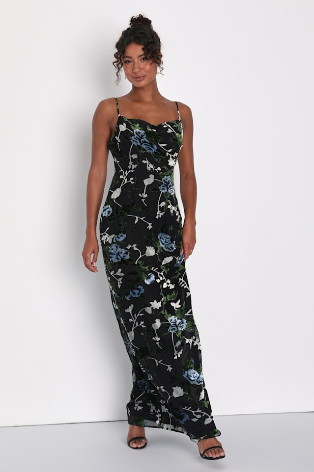 Chic Romantic Black Burnout Velvet Floral Cowl Neck Dress