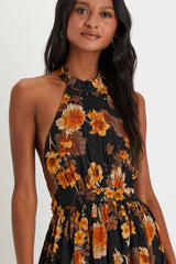 Charming Vision Black Floral Swiss Dot Lurex Halter Midi Dress
