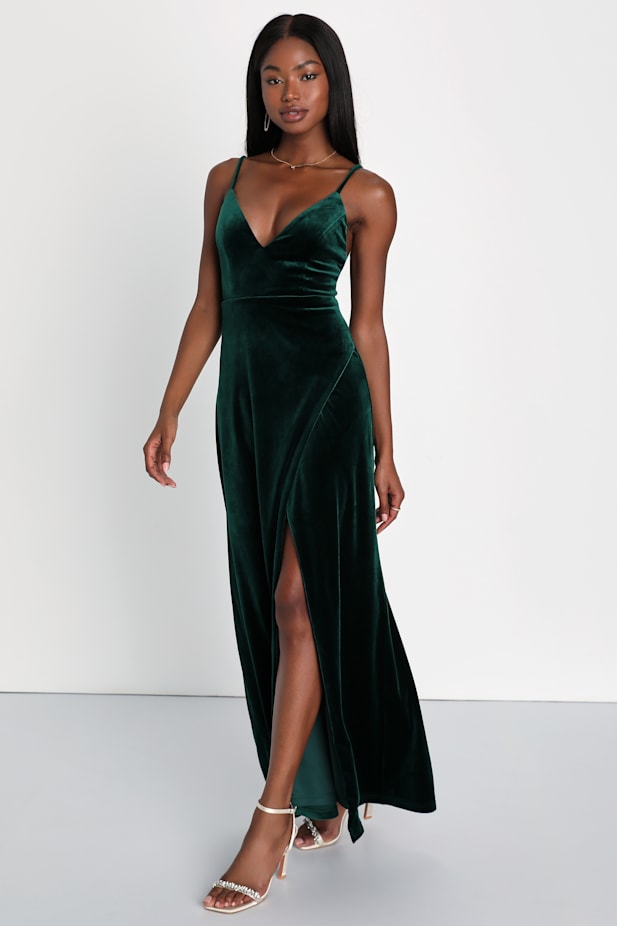 Timeless Radiance Emerald Green Velvet Lace-Up Maxi Dress