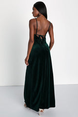 Timeless Radiance Emerald Green Velvet Lace-Up Maxi Dress