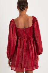 Upscale Stunner Wine Red Organza Long Sleeve Babydoll Mini Dress