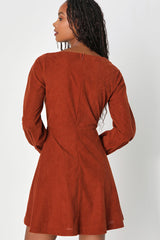 Daily Affection Rust Orange Corduroy Mini Dress With Pockets