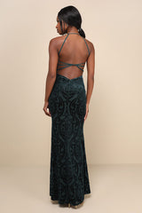 Marvelous Icon Emerald Velvet Glitter Backless Maxi Dress