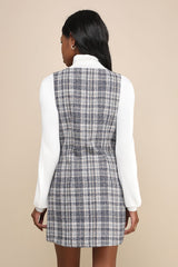 Posh Arrival Navy Blue Multi Plaid Tweed Mini Dress