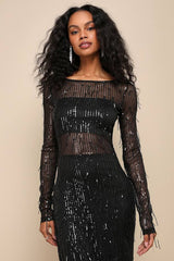 Sheer Fascination Black Sheer Mesh Sequin Fringe Maxi Dress