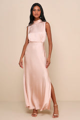 Classic Elegance Blush Satin Sleeveless Mock Neck Maxi Dress