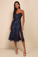 Charmingly Sophisticated Navy Blue Tulle Embroidered Midi Dress