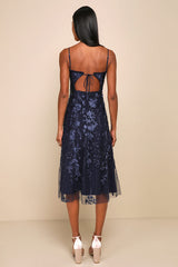 Charmingly Sophisticated Navy Blue Tulle Embroidered Midi Dress