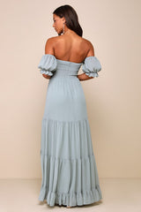 Exceptionally Gorgeous Sage Chiffon Off-the-Shoulder Maxi Dress