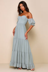Exceptionally Gorgeous Sage Chiffon Off-the-Shoulder Maxi Dress