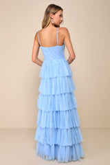 Rule the Runway Light Blue Tulle Surplice Tiered Maxi Dress