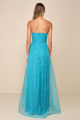Exquisite Ease Teal Green Organza Strapless Ruffled Maxi Dress