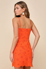 Sunny Glow Orange Embroidered Floral Sleeveless Mini Dress