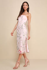 Bold Botanicals Pink Floral Embroidered Strapless Midi Dress
