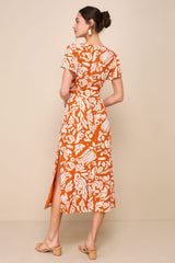 Energetic Charm Rust Orange Abstract Tie-Front Midi Dress