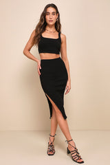 Set For Life Black Ribbed Bodycon Two-Piece Midi Dress